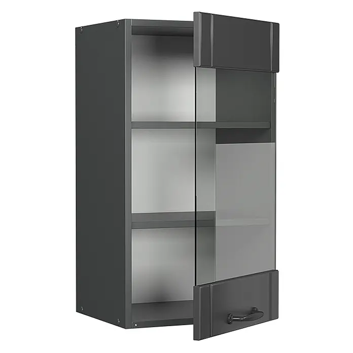 Vicco Schrankküche Fame-Line Dunkelgrau - Dunkelgrau, Hängeglasschrank 40 cm - Dunkelgrauer Wandschrank mit Glastür, Einlegeböden und Griff.