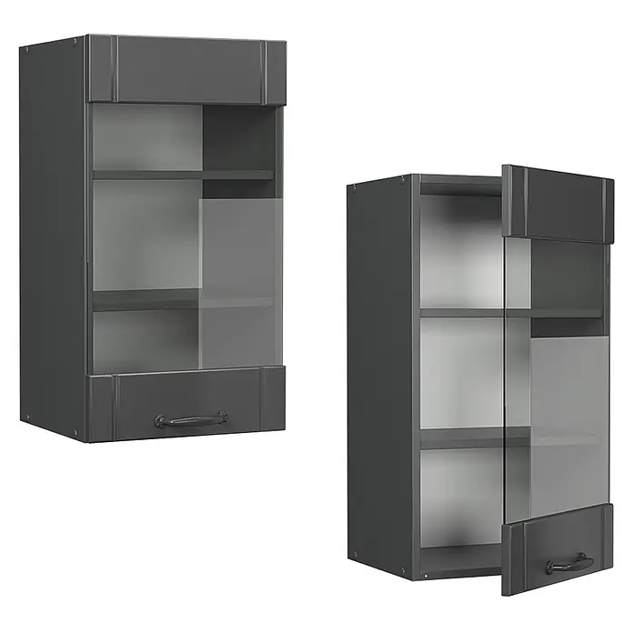 Vicco Schrankküche Fame-Line Dunkelgrau - Dunkelgrau, Hängeglasschrank 40 cm - Zwei dunkelgraue Küchen-Hängeschränke mit Glastüren, einer geschlossen, einer leicht geöffnet, mit Einlegeböden und einer unteren Schublade.