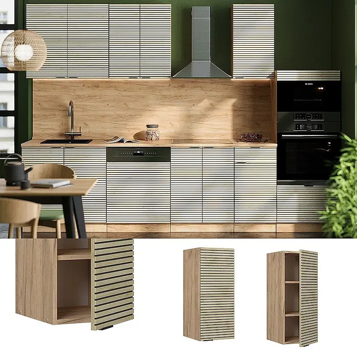 Vicco Schrankküche Fame-Line Eiche Paneel - Eiche Paneel, Hängeschrank 30 cm - Moderne Küchenschränke mit horizontalen Lamellentüren in heller Holzoptik, für eine funktionale Küche.