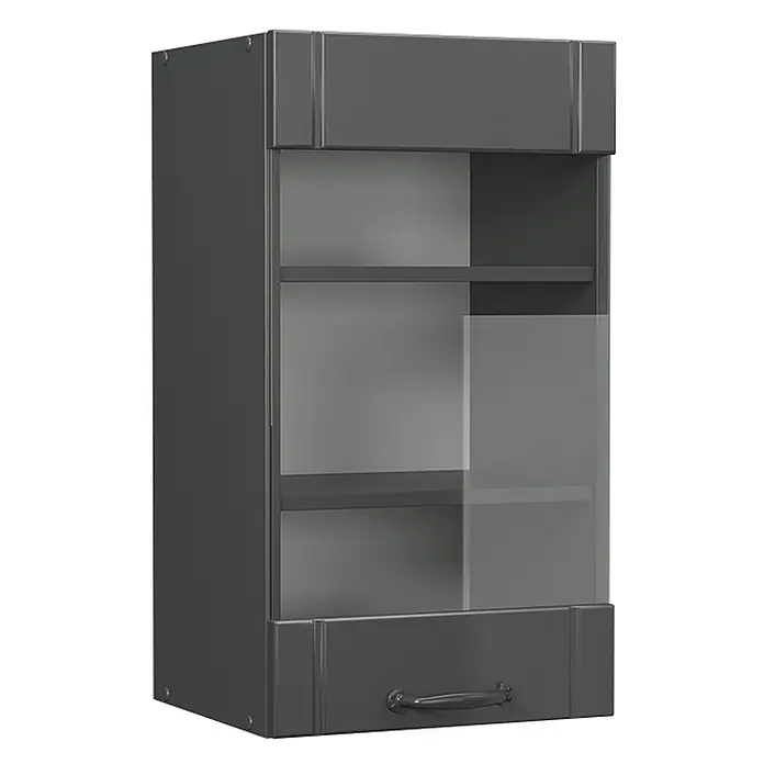 Vicco Schrankküche Fame-Line Dunkelgrau - Dunkelgrau, Hängeglasschrank 40 cm - Dunkelgrauer Wandschrank mit Glastür, Innenablagen und einer unteren Schublade.