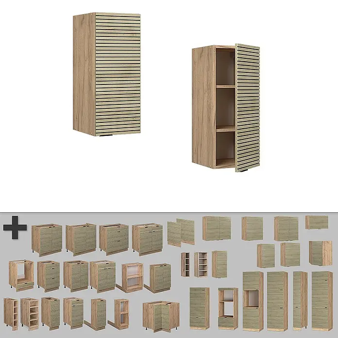 Vicco Schrankküche Fame-Line Eiche Paneel - Eiche Paneel, Hängeschrank 30 cm - Verschiedene hellholzfarbene Schränke mit horizontal gerillten Fronten, teilweise offen mit Regalböden.