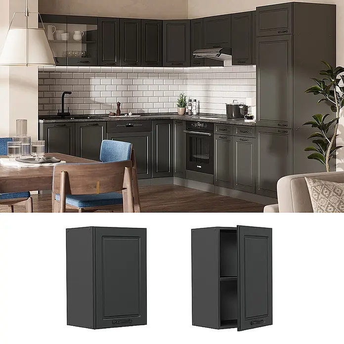 Vicco Schrankküche R-Line Anthrazit Landhaus - Anthrazit Landhaus, Hängeschrank 40 cm - Dunkelgraue Küchenschränke, einige in einer modernen Küche installiert, und zwei isolierte Schränke unten abgebildet.