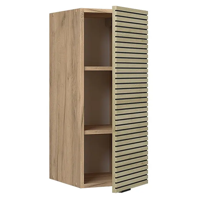 Vicco Schrankküche Fame-Line Eiche Paneel - Eiche Paneel, Hängeschrank 30 cm - Hoher Schrank in heller Eichenoptik mit offenen Fächern und leicht geöffneter Lamellentür.