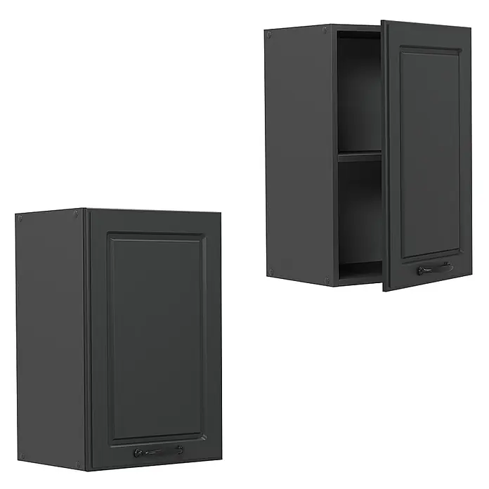 Vicco Schrankküche R-Line Anthrazit Landhaus - Breite: 40 cm, Anthrazit Landhaus, Hängeschrank 40 cm - Zwei dunkelgraue Küchen-Hängeschränke, einer geschlossen und einer offen mit Regal.