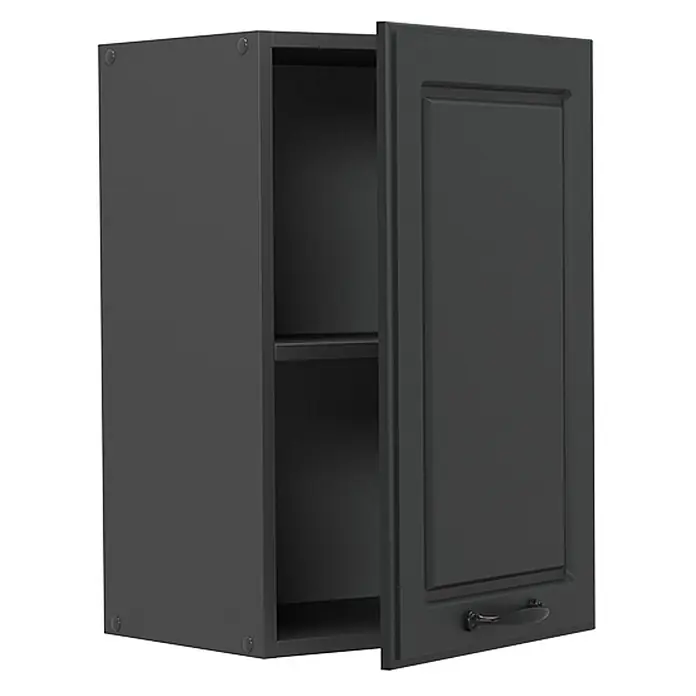 Vicco Schrankküche R-Line Anthrazit Landhaus - Breite: 40 cm, Anthrazit Landhaus, Hängeschrank 40 cm - Dunkelgrauer Wandschrank mit offener Kassettentür und schwarzem Griff, der ein Innenregal zeigt.