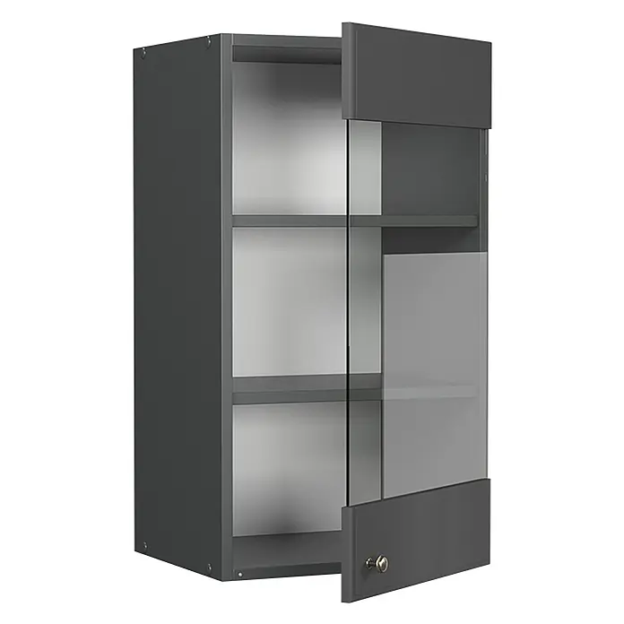 Vicco Küchenglasschrank Fame-Line, Anthrazit-Gold Landhaus, 40 cm -  - Grauer Hängeschrank mit zwei Einlegeböden und teils geöffneter Tür mit Glaspaneel und Metallgriff.