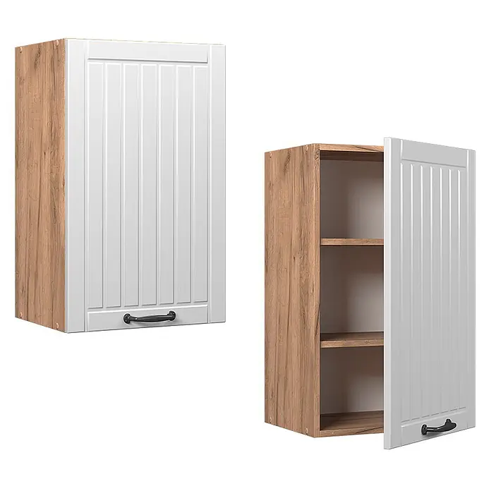 Vicco Hängeschrank Fame-Line, Weiß Landhaus, 45 cm -  - Hängeküchenschrank aus hellem Holz mit weißer Lattenfront und schwarzem Griff, geschlossen und offen mit Regalböden gezeigt.