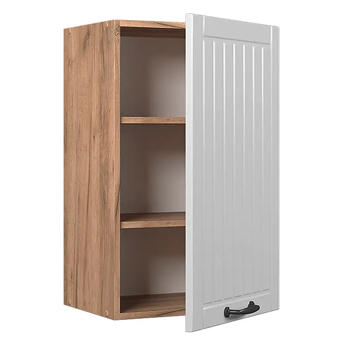 Vicco Hängeschrank Fame-Line, Weiß Landhaus, 45 cm -  - Hölzerner Hängeschrank in heller Eichenoptik mit weißer Lamellentür und schwarzem Griff, inklusive Einlegeböden.