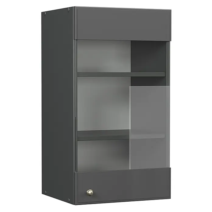Vicco Küchenglasschrank Fame-Line, Anthrazit-Gold Landhaus, 40 cm -  - Dunkelgraue Vitrine mit Glasschiebetüren, Innenböden und einem goldfarbenen Knauf.