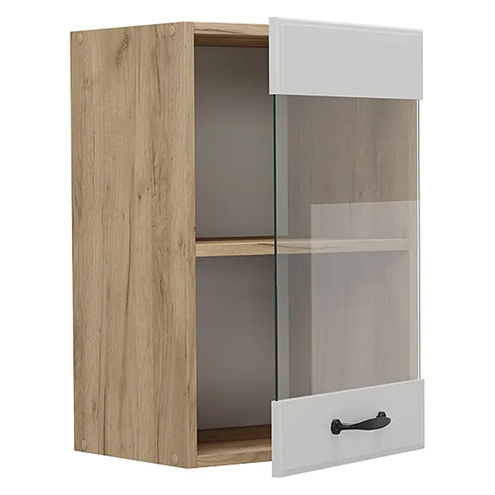 Vicco Schrankküche R-Line Weiß Landhaus - Weiß Landhaus, Hängeglasschrank 40 cm - Wandschrank aus Holzdekor mit Glastür mit weißem Rahmen, schwarzem Griff und Innenregal.