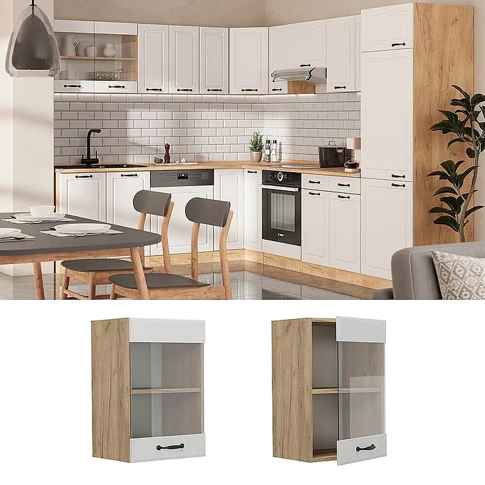 Vicco Schrankküche R-Line Weiß Landhaus - Weiß Landhaus, Hängeglasschrank 40 cm - Küchen-Wandschrank Eiche-Optik mit weißen Akzenten, Glastür, schwarzem Griff und Regalböden.