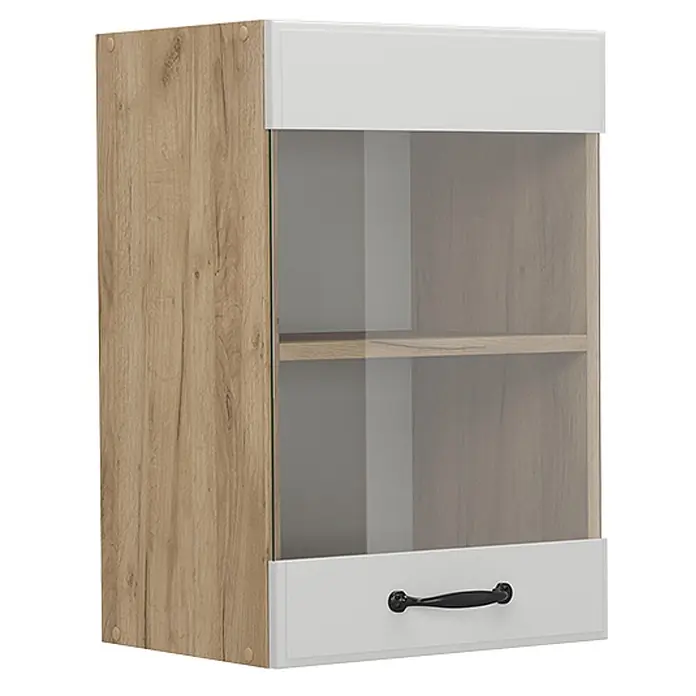 Vicco Schrankküche R-Line Weiß Landhaus - Weiß Landhaus, Hängeglasschrank 40 cm - Zweifarbiger Wandschrank mit Holzoptik-Seite, weißen Paneelen, Glastür und schwarzem Griff. Enthält ein Innenregal.