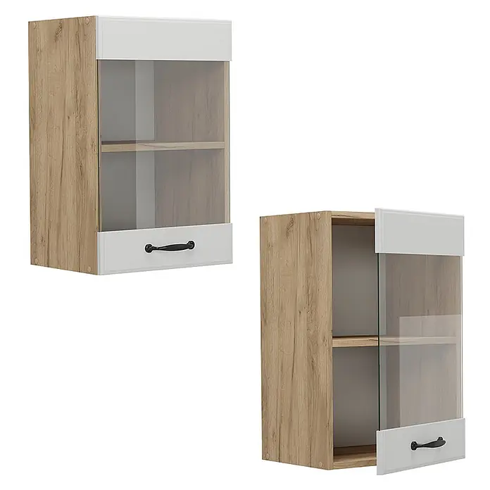 Vicco Schrankküche R-Line Weiß Landhaus - Weiß Landhaus, Hängeglasschrank 40 cm - Hängeschrank aus hellem Holz, weißem Rahmen, Glastür, Einlegeboden und schwarzem Griff. Geschlossen und leicht geöffnet gezeigt.