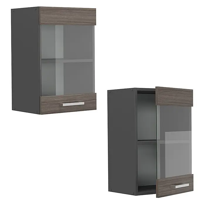 Vicco Schrankküche R-Line Edelgrau - Edelgrau, Hängeglasschrank 40 cm - Dunkelgrauer Wandschrank mit Holzmaserungsbesatz, Glastür und Schublade mit silbernem Griff.