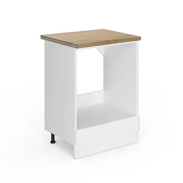 Vicco Schrankküche R-Line Weiß Hochglanz, AP Eiche - Weiß Hochglanz, Herdumbauschrank 60 cm, AP Eiche - Weißer Küchen-Einbauschrank mit heller Holzplatte und Sockelblende. Offenes Fach für Ofen oder Geschirrspüler.