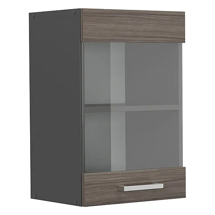 Vicco Schrankküche R-Line Edelgrau - Edelgrau, Hängeglasschrank 40 cm - Wandschrank mit dunkelgrauem Korpus, Holzdekor-Platten, Glastür und silbernem Griff.