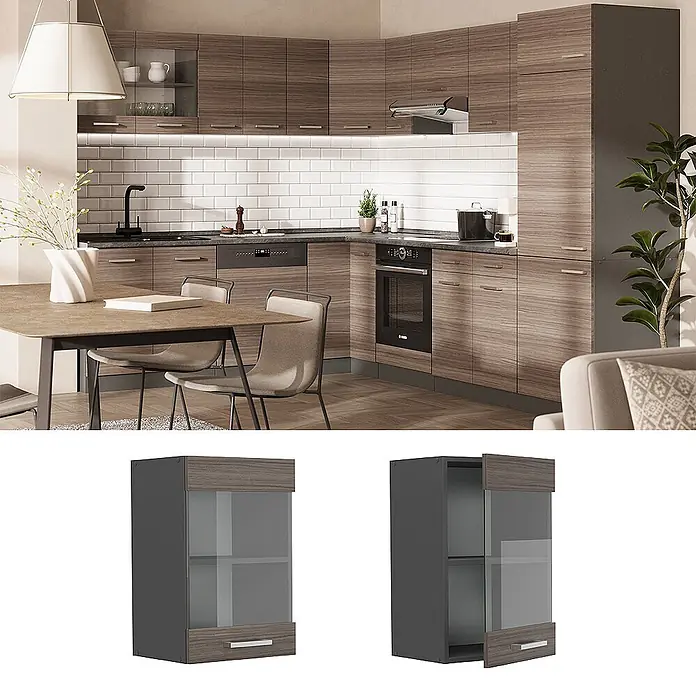 Vicco Schrankküche R-Line Edelgrau - Edelgrau, Hängeglasschrank 40 cm - Brauner Küchenhängeschrank in Holzoptik mit Glasfront und grauem Korpus.