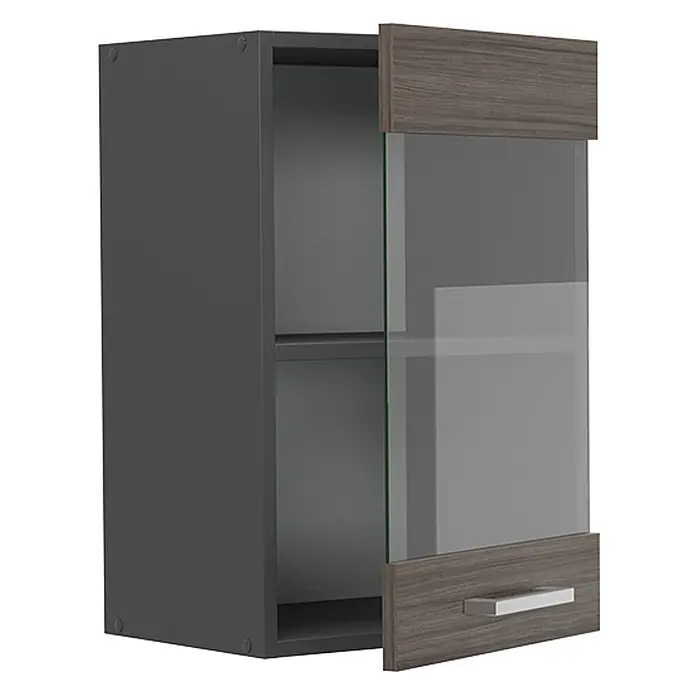 Vicco Schrankküche R-Line Edelgrau - Edelgrau, Hängeglasschrank 40 cm - Dunkelgrauer Wandschrank mit Holzmaserung- und Glastür.