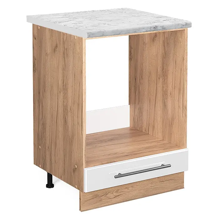 Vicco Schrankküche Fame-Line Weiß Hochglanz, AP Marmor - Weiß Hochglanz, Herdumbauschrank 60 cm, AP Marmor - Küchenunterschrank: helle Holzoptik, Marmor-Arbeitsplatte, offenes Fach für Geräte, weiße Schublade.