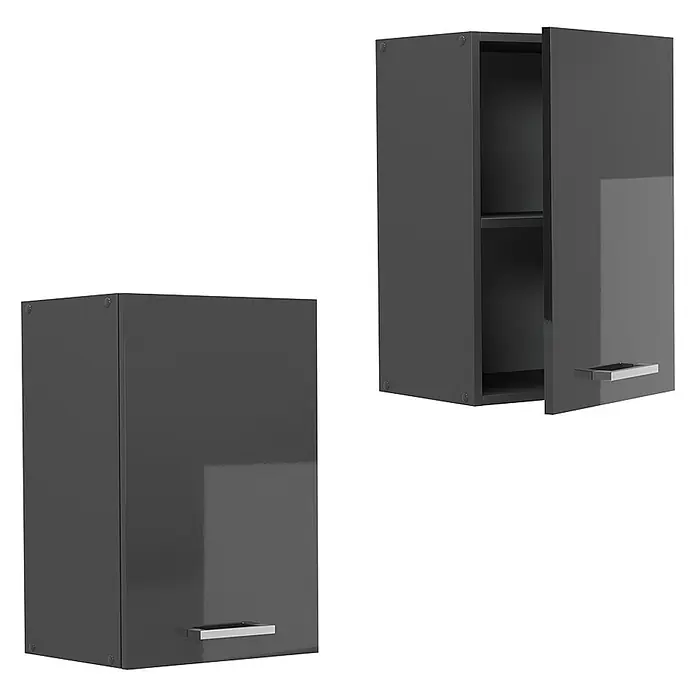 Vicco Schrankküche R-Line Anthrazit Hochglanz - Breite: 40 cm, Anthrazit Hochglanz, Hängeschrank 40 cm - Zwei glänzende, dunkelgraue Hängeschränke, einer geschlossen und einer offen mit Innenregal.