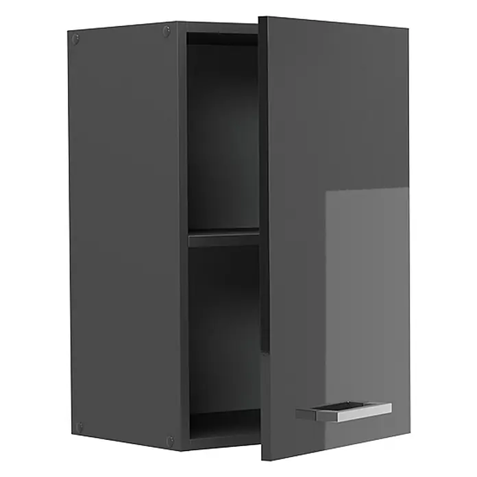 Vicco Schrankküche R-Line Anthrazit Hochglanz - Breite: 40 cm, Anthrazit Hochglanz, Hängeschrank 40 cm - Anthrazitfarbener Hängeschrank mit glänzender, offener Tür, zeigt ein Innenregal und einen silbernen Griff.