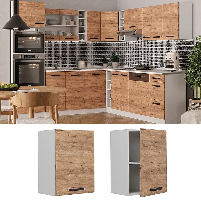 Vicco Schrankküche R-Line Goldkraft Eiche - Goldkraft Eiche, Hängeschrank 45 cm - Moderne Küchenzeile in Holzoptik mit weißen Akzenten und schwarzen Griffen.