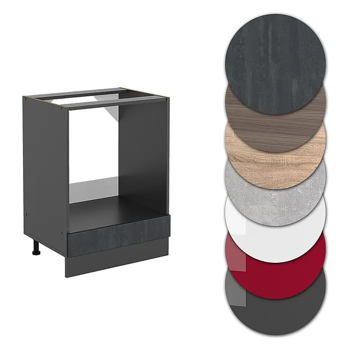 Vicco Herdumbauschrank R-Line, Schwarz Beton, 60 cm -  - Dunkelgrauer Küchenunterschrank für Geräte, mit strukturierter Sockelblende und verschiedenen Materialmustern.