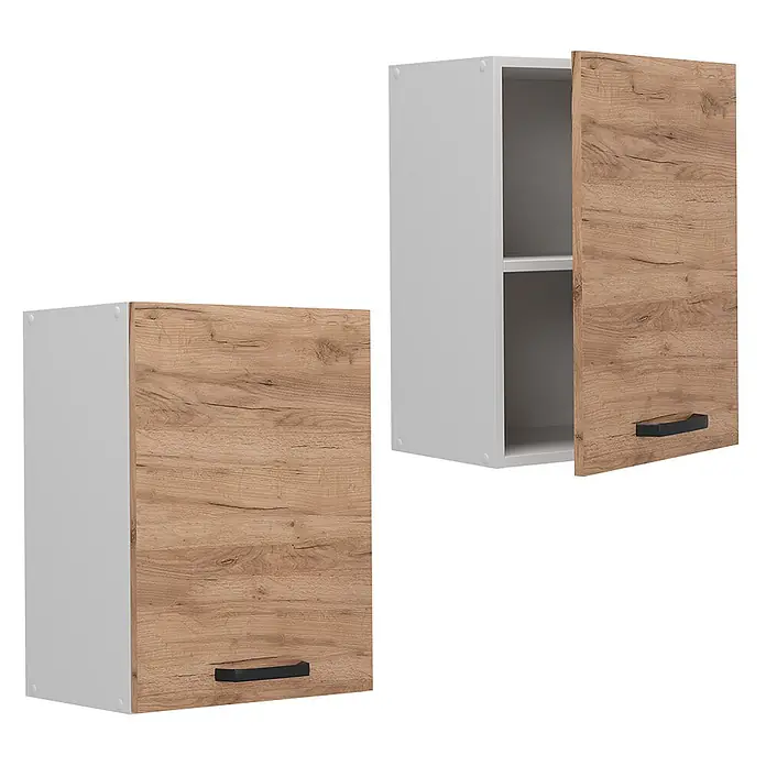 Vicco Schrankküche R-Line Goldkraft Eiche - Goldkraft Eiche, Hängeschrank 45 cm - Zwei weiße Hängeschränke mit hellen Holzfronten und schwarzen Griffen. Einer geschlossen, der andere offen mit Einlegeboden.