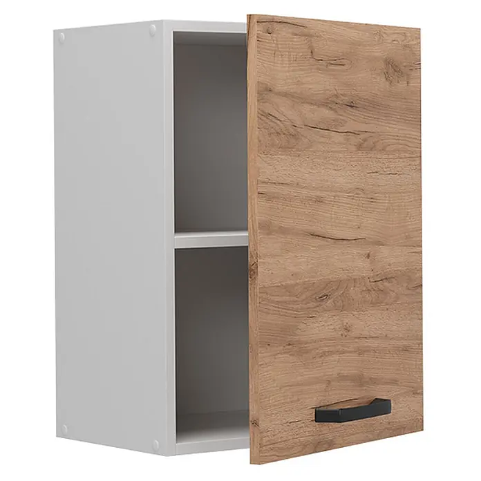 Vicco Schrankküche R-Line Goldkraft Eiche - Goldkraft Eiche, Hängeschrank 45 cm - Weißer Wandschrank mit leicht geöffneter Holztür, zwei Regalböden sichtbar. Schwarzer Griff.