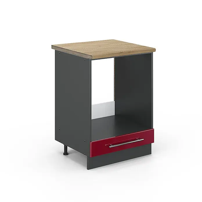 Vicco Schrankküche Fame-Line Bordeaux Hochglanz, AP Eiche - Bordeaux Hochglanz, Herdumbauschrank 60 cm, AP Eiche - Modulküchenunterschrank mit heller Holzplatte, dunkelgrauem Rahmen und roter Schublade, mit offenem Fach.
