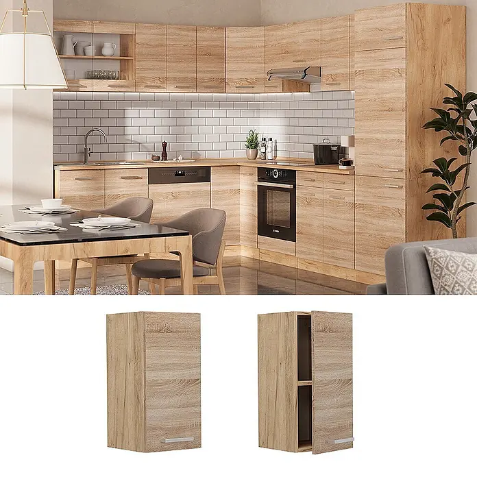Vicco Schrankküche R-Line Sonoma - Sonoma, Hängeschrank 30 cm - Küchenschrank in hellem Holzdekor, geschlossen und offen mit Innenablagen in einer modernen Küche dargestellt.