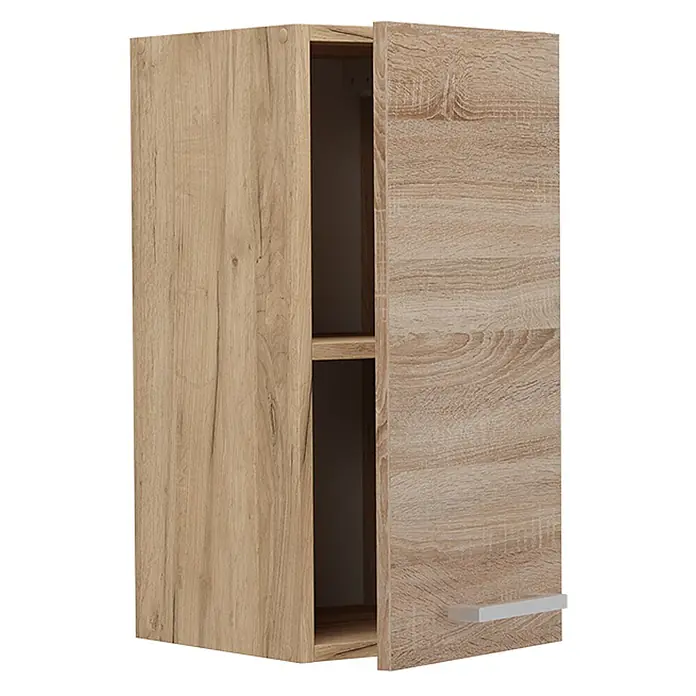Vicco Schrankküche R-Line Sonoma - Sonoma, Hängeschrank 30 cm - Heller Holz-Wandschrank mit Holzmaserung, teilweise geöffneter Tür, die ein Innenregal zeigt, und einem silbernen Griff.