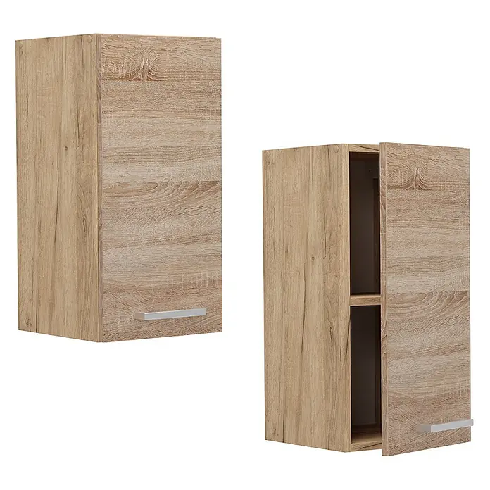 Vicco Schrankküche R-Line Sonoma - Sonoma, Hängeschrank 30 cm - Hängeschrank in heller Holzoptik mit silbernem Griff, geschlossen und offen mit Regalböden gezeigt.