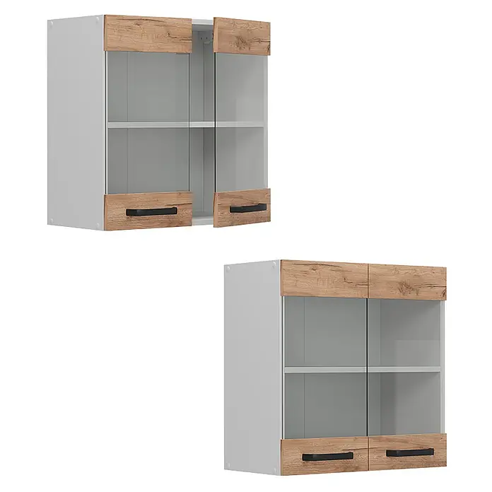 Vicco Schrankküche R-Line Goldkraft Eiche - Goldkraft Eiche, Hängeglasschrank 60 cm - Weißer Hängeschrank mit Glastüren, Holzoptik-Akzenten und schwarzen Griffen. Offen und geschlossen gezeigt.