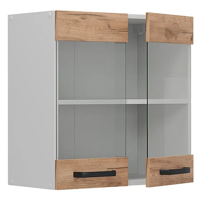 Vicco Schrankküche R-Line Goldkraft Eiche - Goldkraft Eiche, Hängeglasschrank 60 cm - Weißer Hängeschrank mit zwei Glastüren, holzfarbenen Ober-/Unterpaneelen und schwarzen Griffen.