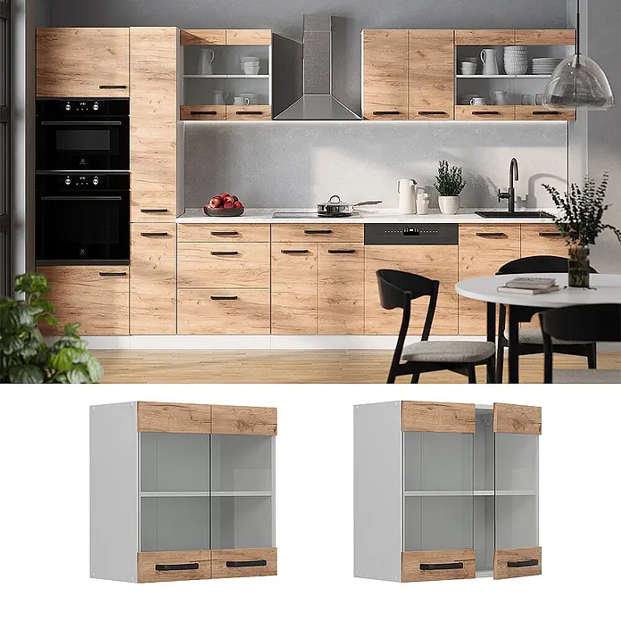 Vicco Schrankküche R-Line Goldkraft Eiche - Goldkraft Eiche, Hängeglasschrank 60 cm - Wandhängeschrank mit offenen Glastüren, hellen Holz-Akzenten und schwarzen Griffen auf grauem Rahmen.