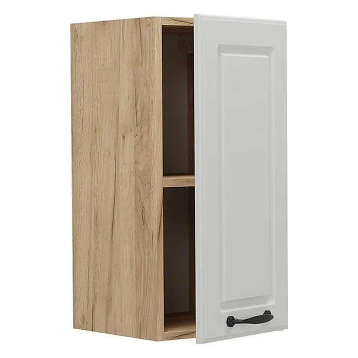 Vicco Schrankküche R-Line Weiß Landhaus - Weiß Landhaus, Hängeschrank 30 cm - Hängeschrank mit Korpus in heller Holzoptik und weißer Paneeltür, leicht geöffnet, zeigt Innenregal und schwarzen Griff.