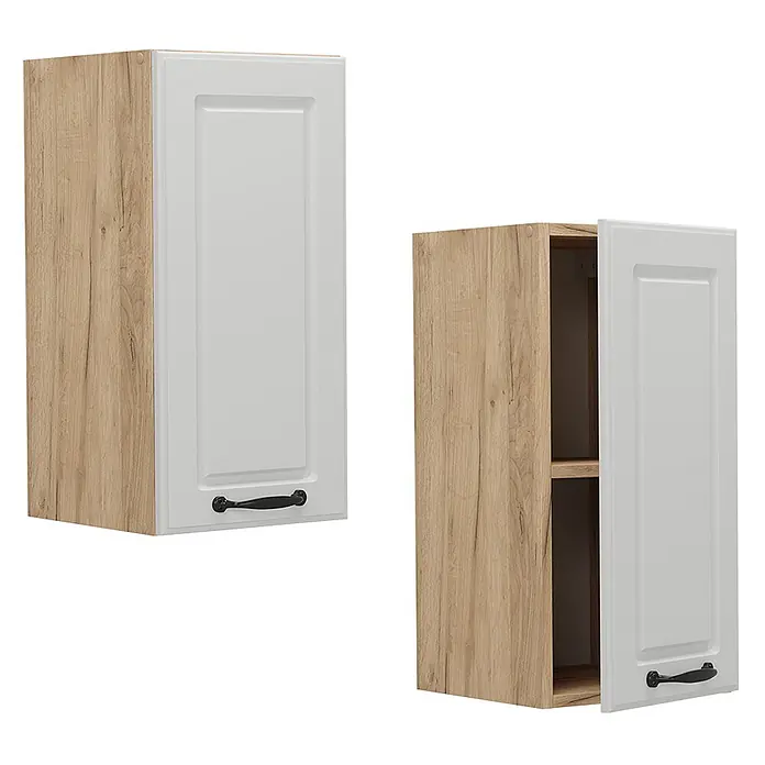 Vicco Schrankküche R-Line Weiß Landhaus - Weiß Landhaus, Hängeschrank 30 cm - Heller Küchenhängeschrank in Holzoptik mit weißer Kassettentür und schwarzem Griff, geschlossen und offen mit Regal.