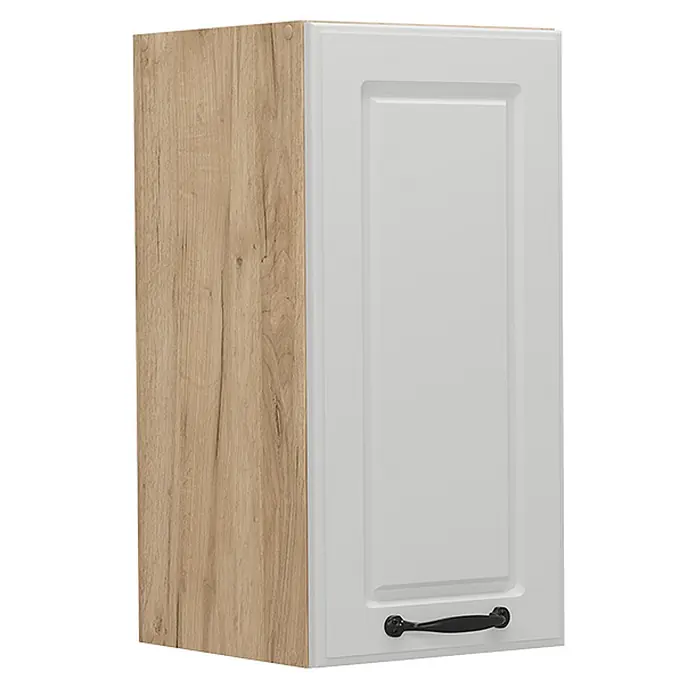 Vicco Schrankküche R-Line Weiß Landhaus - Weiß Landhaus, Hängeschrank 30 cm - Hängeschrank mit heller Holzmaserung und weißer Kassettentür mit schwarzem Griff.