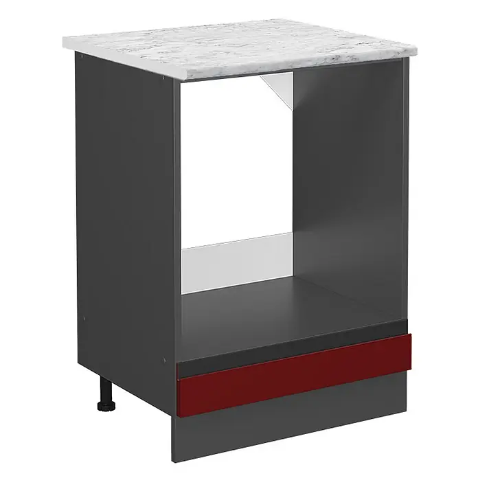 Vicco Schrankküche R-Line Rot J-Shape AP Marmor - Rot, Herdumbauschrank 60 cm grifflos - Dunkelgrauer Ofenunterschrank mit weißer Marmoroptik-Platte und rotem Sockel.