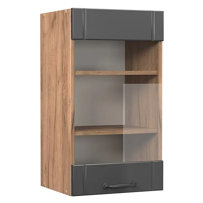 Vicco Schrankküche Fame-Line Dunkelgrau - Dunkelgrau, Hängeglasschrank 40 cm - Wandhängeschrank mit Holzoptik-Seitenwand, dunkelgrauer Oberklappe, klarer Glastür über zwei Regalböden und dunkelgrauer Schublade mit Griff.