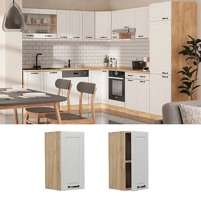 Vicco Schrankküche R-Line Weiß Landhaus - Weiß Landhaus, Hängeschrank 30 cm - Moderne weiße Küchenschränke mit hellen Holzpaneelen und schwarzen Griffen. Mit hohem Vorratsschrank und Wandschrank (geschlossen & offen).