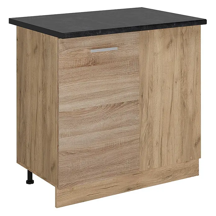 Vicco Schrankküche R-Line Sonoma, AP Anthrazit - Sonoma, Eckunterschrank 86 cm, AP Anthrazit - Heller Küchenunterschrank in Holzoptik mit schwarzer Arbeitsplatte, silbernem Griff und Sockelleiste.
