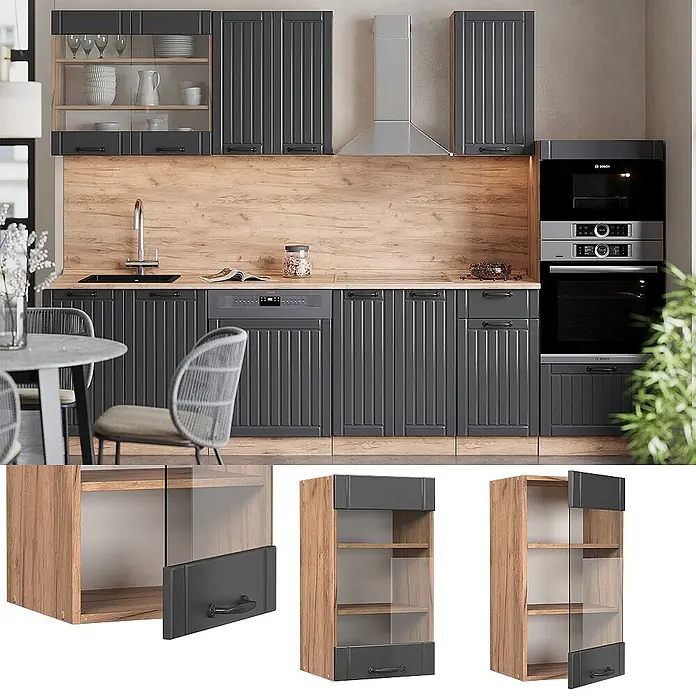 Vicco Schrankküche Fame-Line Dunkelgrau - Dunkelgrau, Hängeglasschrank 40 cm - Moderne Küche mit dunkelgrauen Rillenfronten, Arbeitsplatte und Rückwand in Holzoptik, Edelstahlgeräten und Essbereich.