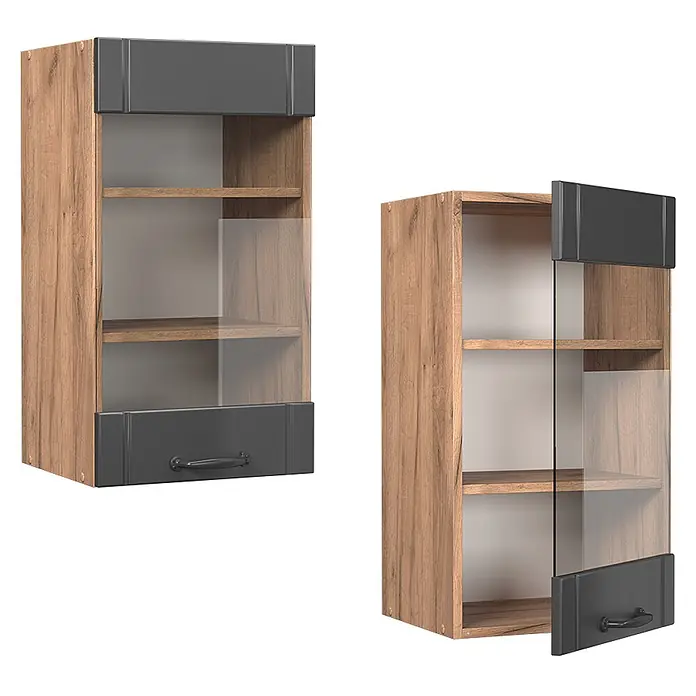 Vicco Schrankküche Fame-Line Dunkelgrau - Dunkelgrau, Hängeglasschrank 40 cm - Wandschrank in Holzoptik mit dunkelgrauen Akzenten, Glasfront und zwei Einlegeböden, geschlossen und geöffnet.