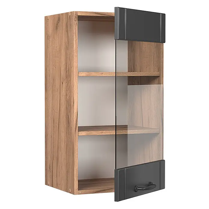 Vicco Schrankküche Fame-Line Dunkelgrau - Dunkelgrau, Hängeglasschrank 40 cm - Wandschrank in Holzoptik mit teilweiser Glastür, dunkelgrauen Paneelen und Innenregalen.