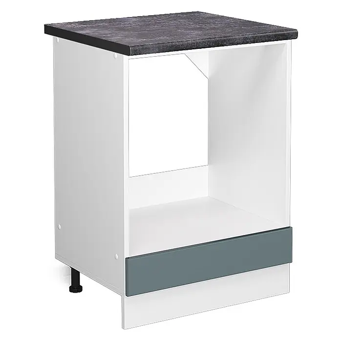 Vicco Schrankküche R-Line Blau-Grau, AP Anthrazit - Blau-Grau, Herdumbauschrank 60 cm, AP Anthrazit - Weißer Unterschrank mit anthrazitfarbener Arbeitsplatte, offener Nische und grauer Sockelleiste.