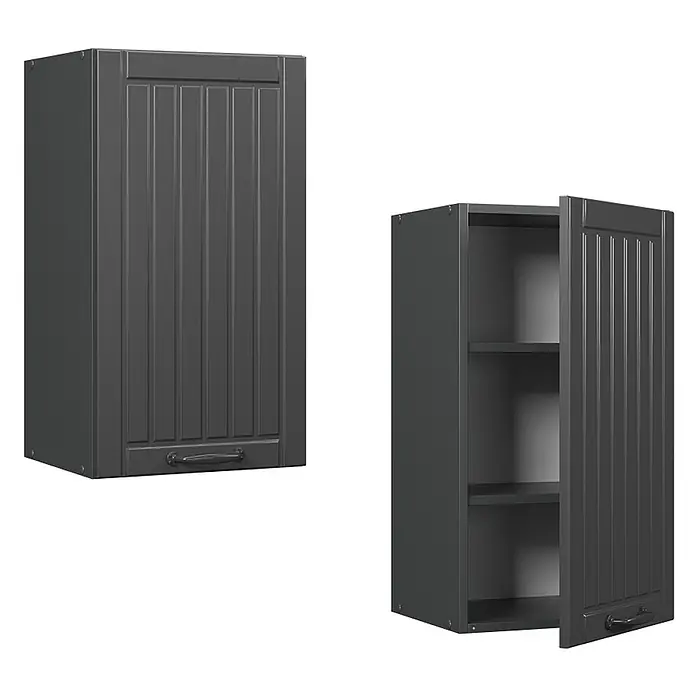 Vicco Schrankküche Fame-Line Dunkelgrau - Dunkelgrau, Hängeschrank 40 cm - Dunkelgrauer Wandschrank mit Lamellentür, geschlossen und geöffnet mit drei Ablagefächern gezeigt.