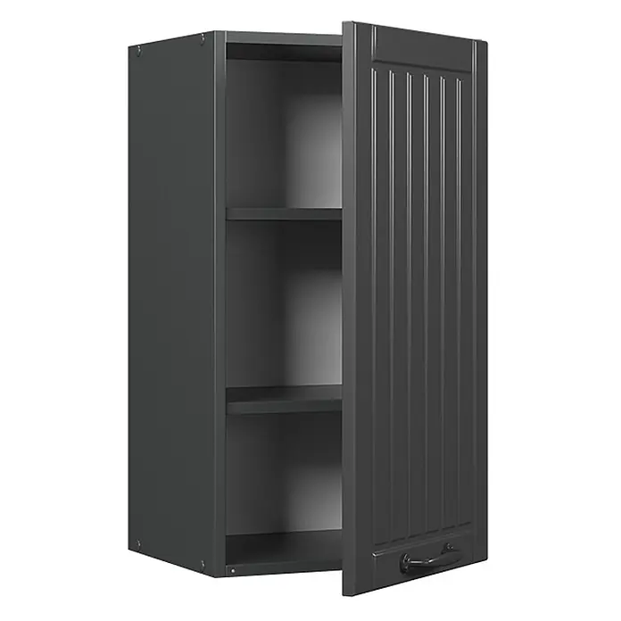 Vicco Schrankküche Fame-Line Dunkelgrau - Dunkelgrau, Hängeschrank 40 cm - Dunkelgrauer Wandschrank mit leicht geöffneter Lamellentür, der zwei Innenregale zeigt.