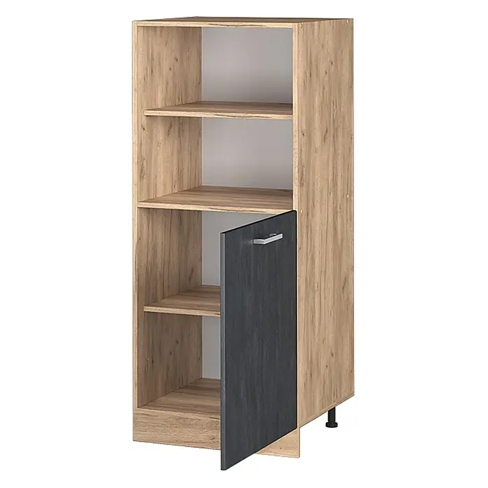 Vicco Herdumbauschrank R-Line, Schwarz Beton, 60 cm -  - Hoher Schrank in heller Holzoptik mit offenen Fächern und einer dunkelgrauen Tür mit Griff, auf Beinen.